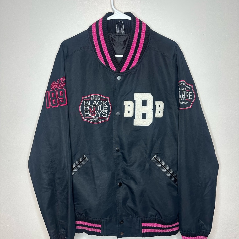 Black Bottle Boys Bomber Jacket with Pink Trim and Embroidered Patches Mens sz L